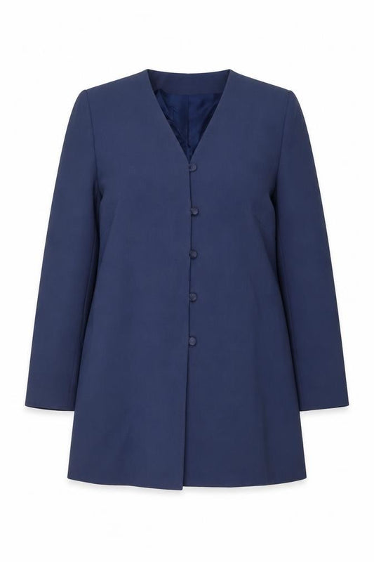 Front view of Marks & Spencer women’s blue jacket, size UK 12, button