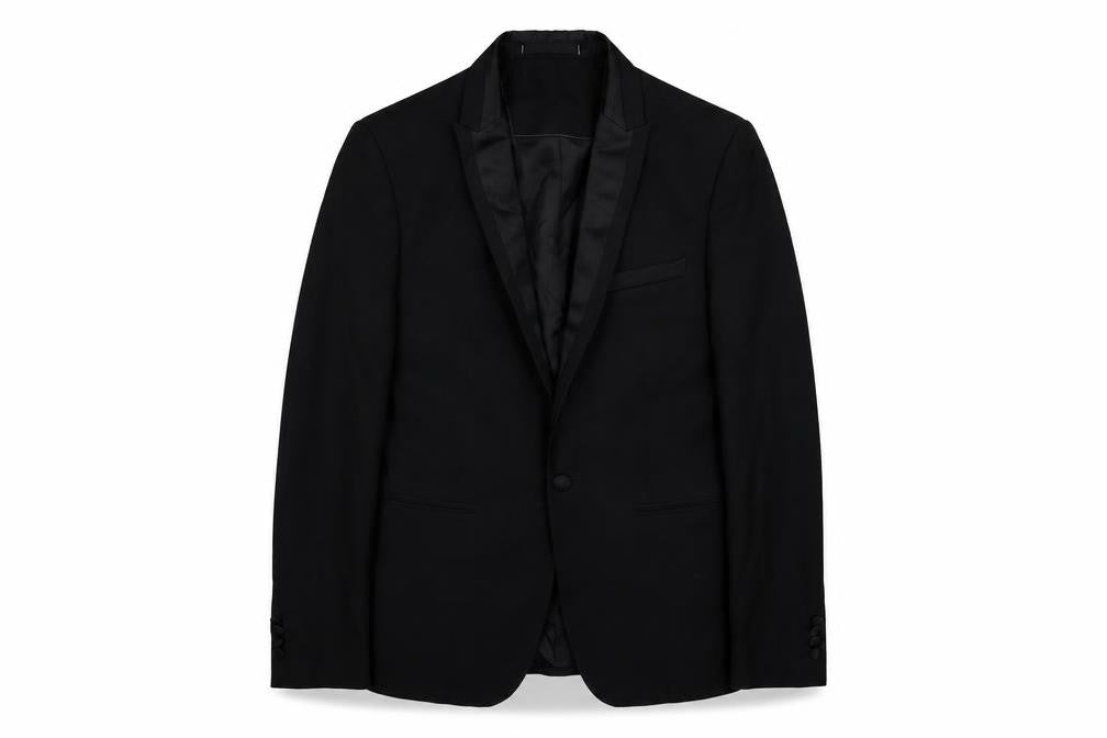Front view of Marks & Spencer men’s black polyester jacket suit jacket, size 36, regular