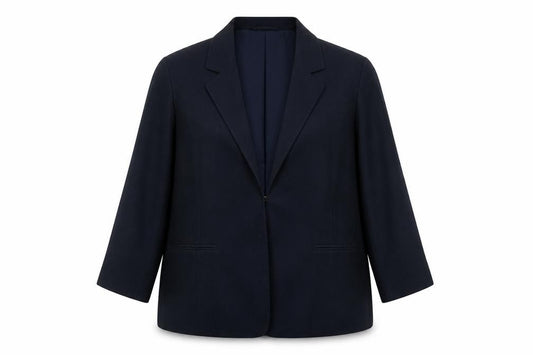 Front view of EMW women’s blue jacket, size UK 18, hook & eye