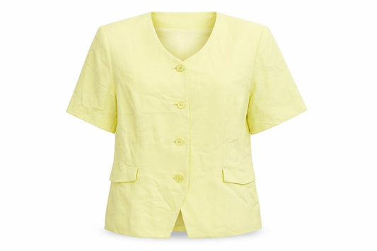 Front view of Kello women’s yellow jacket blazer, size UK 16, button