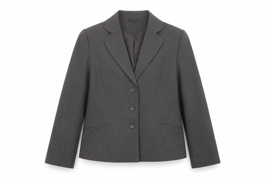 Front view of EWM women’s beige jacket, size UK 18, button