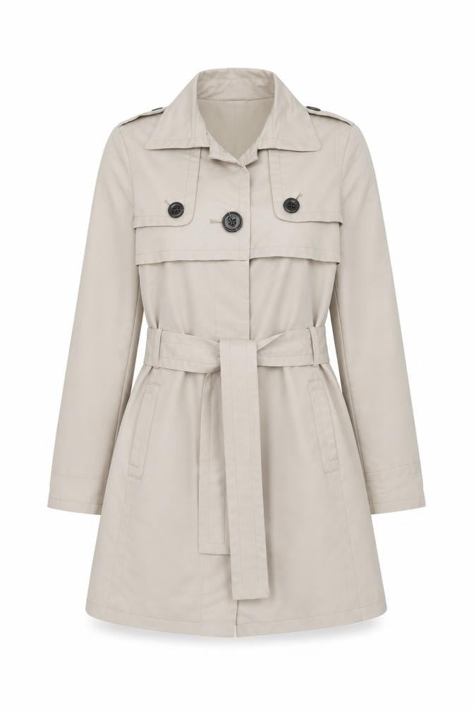 Front view of Mango women’s beige overcoat coat, size S, button
