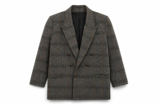 Front view of Etam women’s brown plaid jacket, size UK 12, button