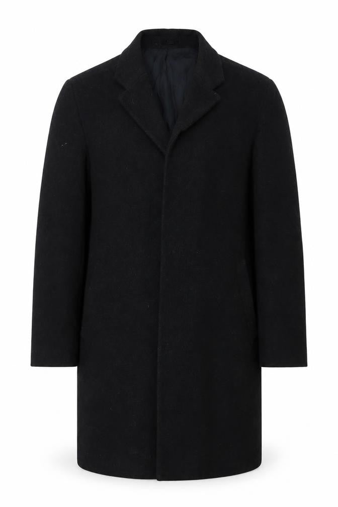 Front view of CG men’s black overcoat coat, size 42, button