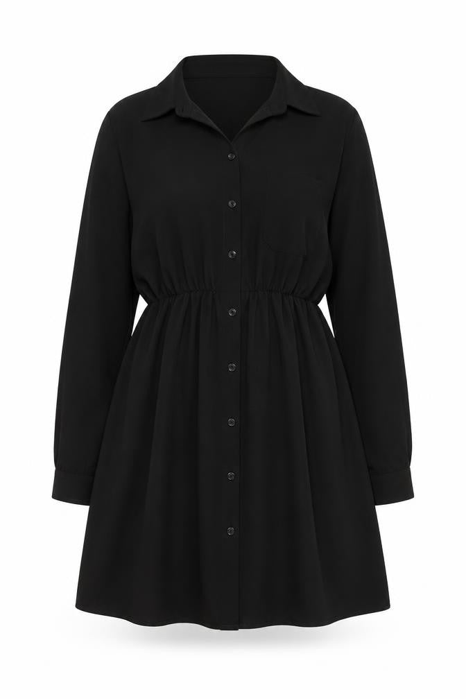Suffle Womens Black Polyester A-Line Size L Collared Button