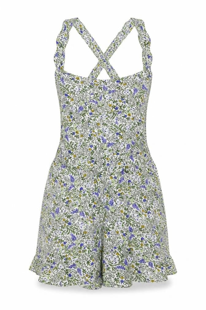 Front view of Topshop women’s multicoloured floral viscose playsuit one-piece, size UK 10, button