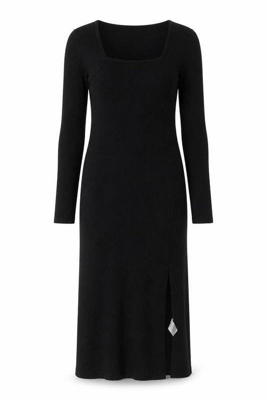 Front view of River Island women’s black polyester sheath, size UK 10, square neck pullover