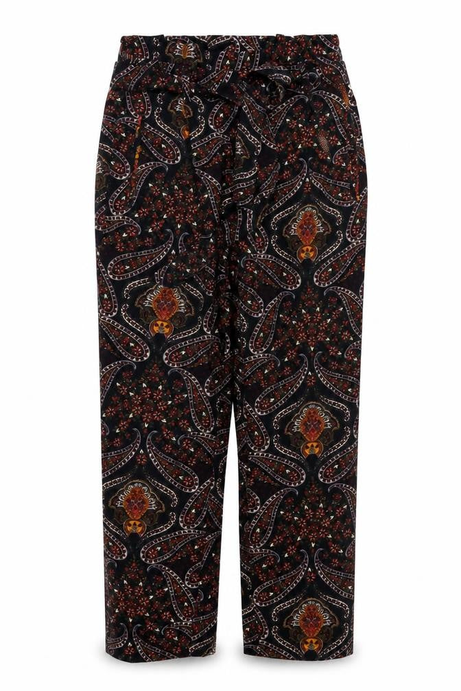 Front view of Stradivarius women’s black geometric polyester trousers, size UK 9, months, 27-inch leg regular zip
