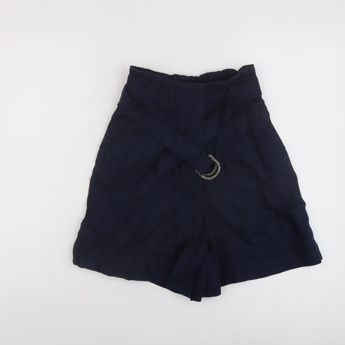 Marks and Spencer Womens Blue Linen Paperbag Shorts Size 6 L6 in Regular Hook & Eye