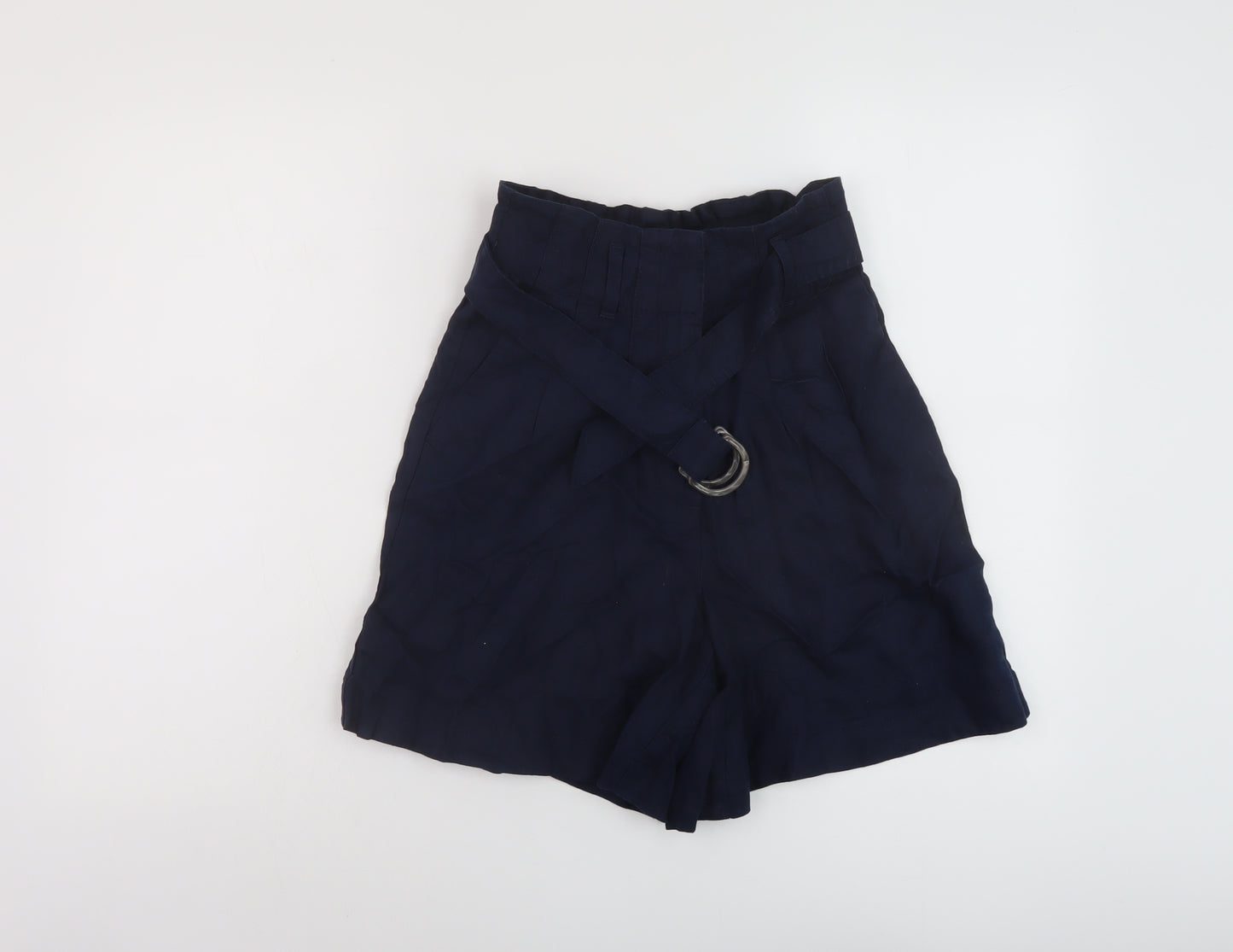 Marks and Spencer Womens Blue Linen Paperbag Shorts Size 6 L6 in Regular Hook & Eye