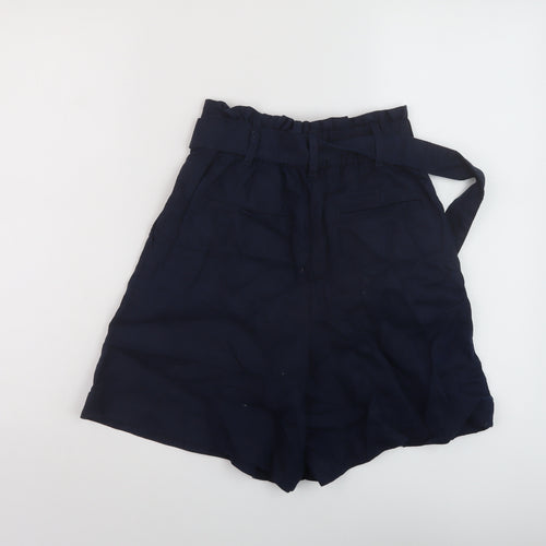 Marks and Spencer Womens Blue Linen Paperbag Shorts Size 6 L6 in Regular Hook & Eye