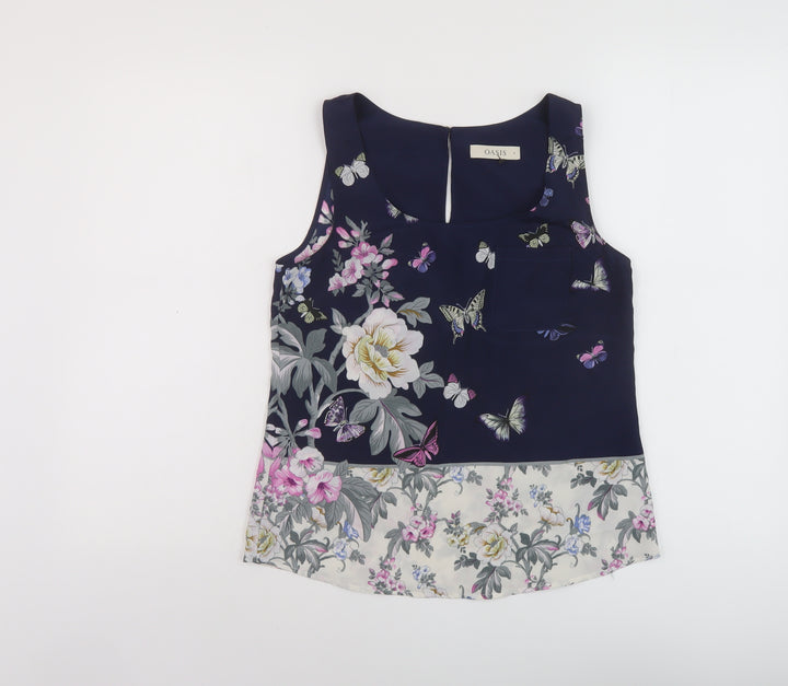 Oasis Womens Blue Floral Polyester Basic Tank Size 8 Round Neck