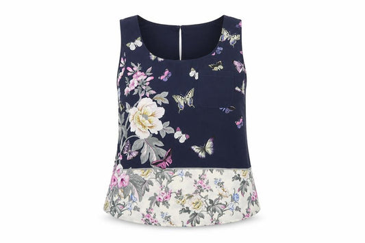 Front view of Oasis women’s blue floral polyester basic tank, size UK 8, round neck