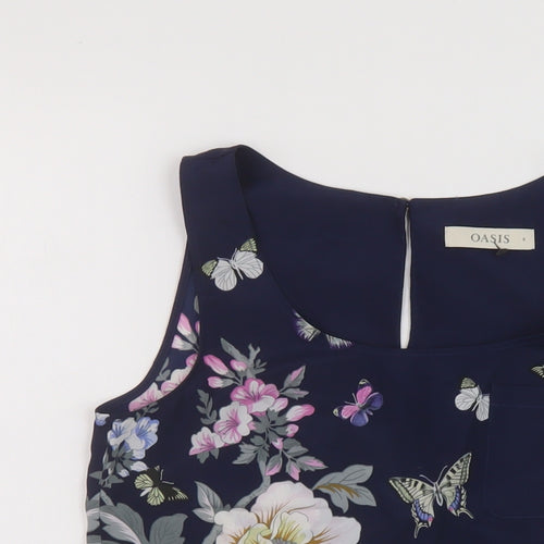 Oasis Womens Blue Floral Polyester Basic Tank Size 8 Round Neck