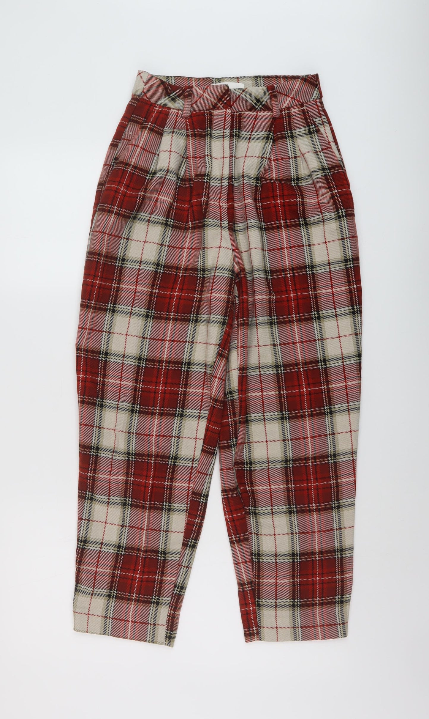 H&M Womens Red Plaid Polyester Trousers Size 6 L24 in Regular Hook & Eye