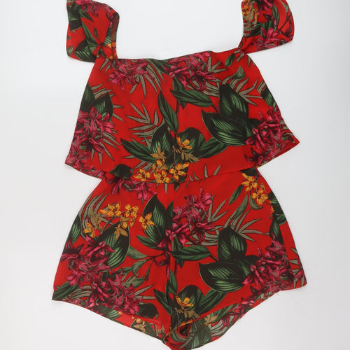 Missguided Womens Red Floral Polyester Playsuit One-Piece Size 4 Zip