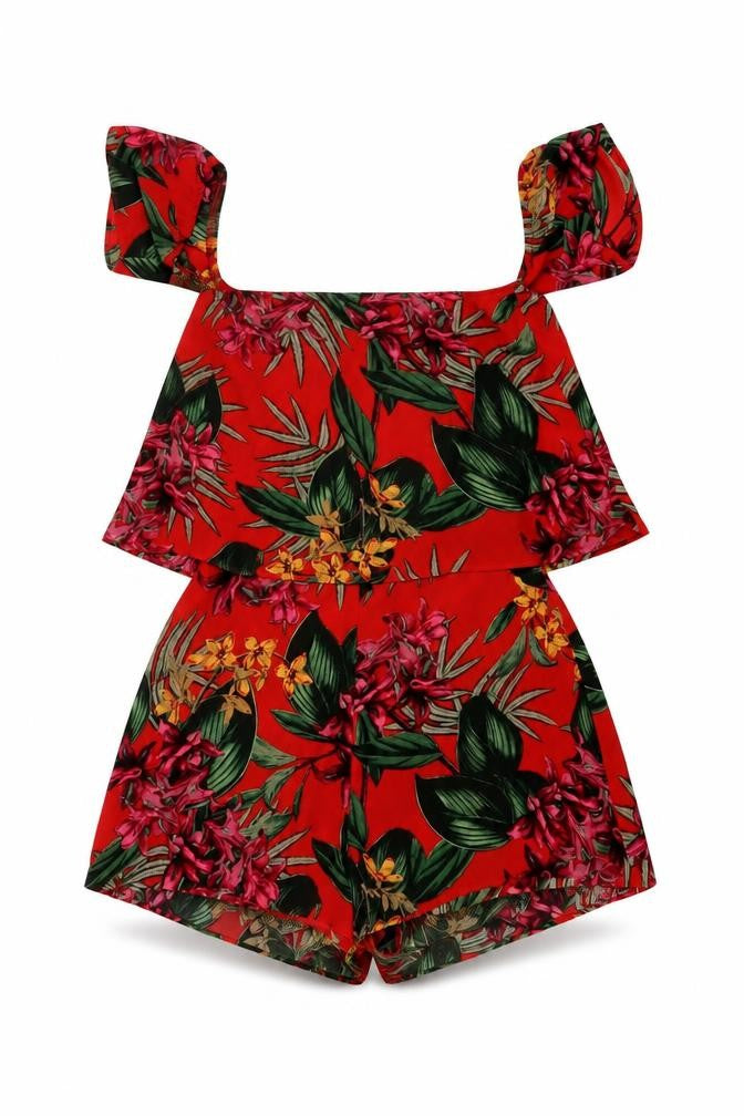 Front view of Missguided women’s red floral polyester playsuit one-piece, size UK 4, zip