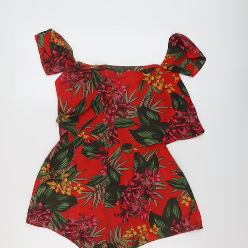 Missguided Womens Red Floral Polyester Playsuit One-Piece Size 4 Zip