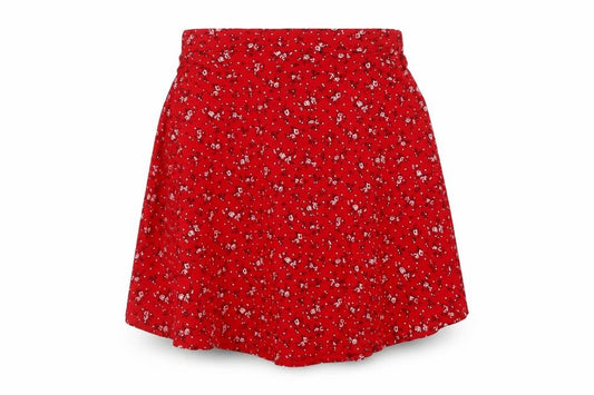 Front view of PRETTYLITTLETHING women’s red floral viscose a-line skirt, size UK 10