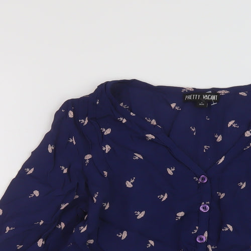 Pretty Vacant Womens Blue Geometric Viscose Basic Blouse Size 10 V-Neck