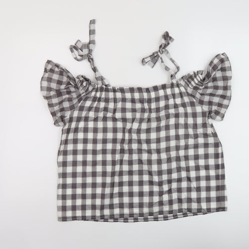 Great Plains Womens Grey Check Cotton Basic Blouse Size 10 Square Neck