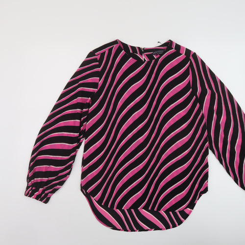 Marks and Spencer Womens Beige Striped Polyester Basic Blouse Size 6 Round Neck