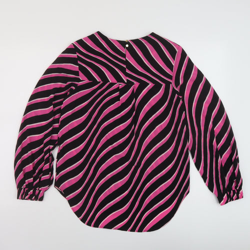 Marks and Spencer Womens Beige Striped Polyester Basic Blouse Size 6 Round Neck