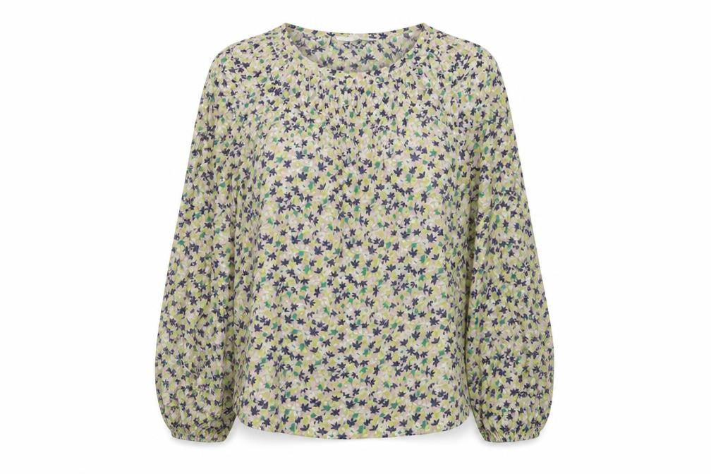 Front view of Per Una women’s multicoloured floral viscose basic blouse, size UK 10, round neck
