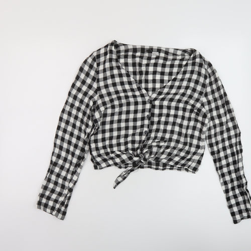 H&M Womens Black Check Viscose Basic Blouse Size 10 V-Neck
