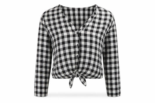Front view of H&M women’s black check viscose basic blouse, size UK 10, v-neck