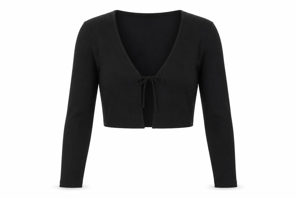 Front view of H&M women’s black polyester wrap blouse, size S, round neck