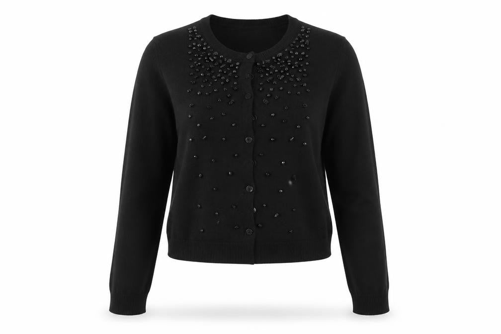 Front view of Zaa women’s black round neck polyester cardigan jumper, size M