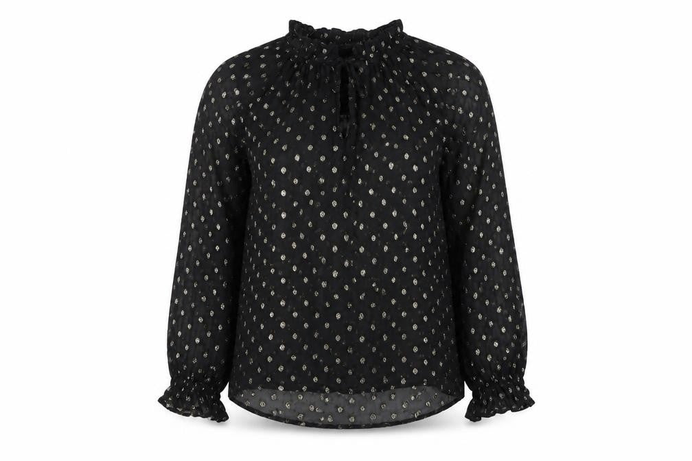 Front view of Velvet women’s black polka dot viscose basic blouse, size S, mock neck