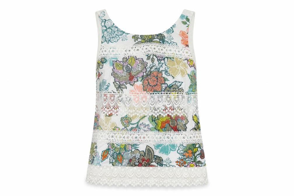 Front view of Next women’s multicoloured geometric cotton basic tank, size UK 8, round neck