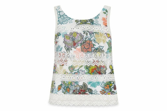 Front view of Next women’s multicoloured geometric cotton basic tank, size UK 8, round neck