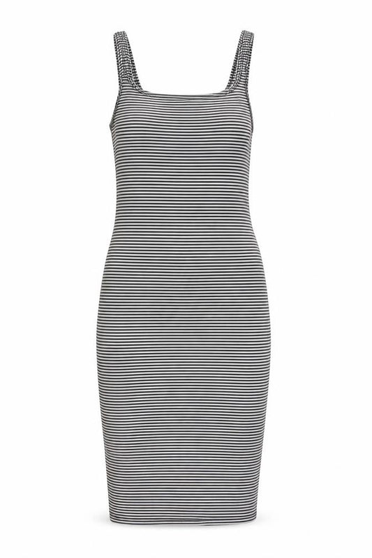 Front view of Zara women’s beige striped polyester bodycon, size S, round neck pullover