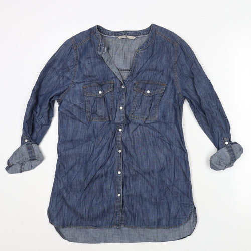 TU Womens Blue Cotton Basic Button-Up Size 8 V-Neck