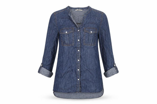 Front view of Tu women’s blue cotton basic button-up, size UK 8, v-neck