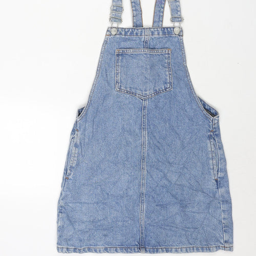 Topshop Womens Blue Cotton Pinafore/Dungaree Dress Size 6 Square Neck Buckle