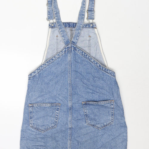 Topshop Womens Blue Cotton Pinafore/Dungaree Dress Size 6 Square Neck Buckle