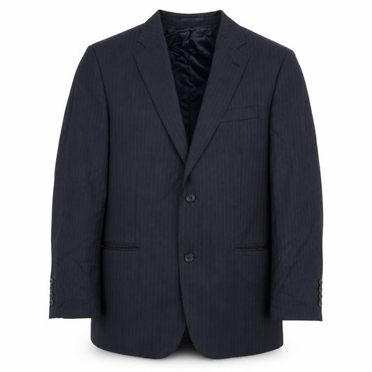 Front view of Lanificio Cerruti men’s blue striped wool jacket suit jacket, size 40, regular