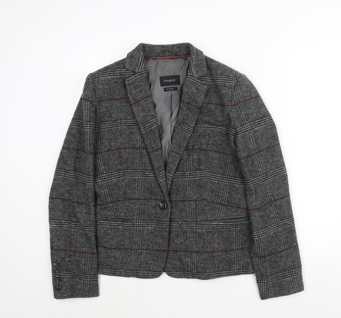 Autograph Womens Grey Check Jacket Blazer Size 14 Button
