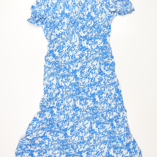 Marks and Spencer Womens Blue Geometric Viscose Shift Size 8 V-Neck Zip - Rouched Sleeve