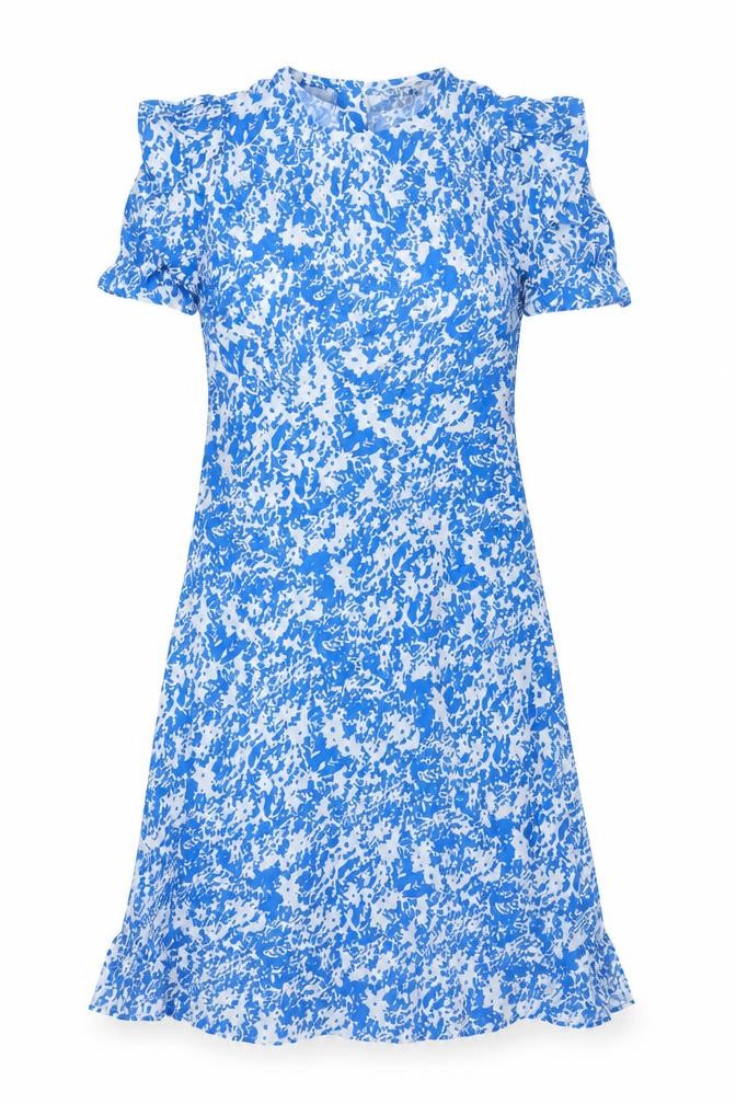 Marks and Spencer Womens Blue Geometric Viscose Shift Size 8 V-Neck Zip - Rouched Sleeve
