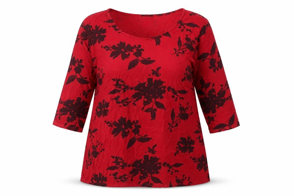 Front view of CMD women’s red floral viscose basic blouse, size XL, round neck