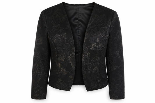 Front view of Klass women’s black geometric jacket, size UK 12