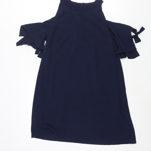 Zara Womens Blue Polyester Shift Size M Round Neck Button - Cold Shoulder Tie