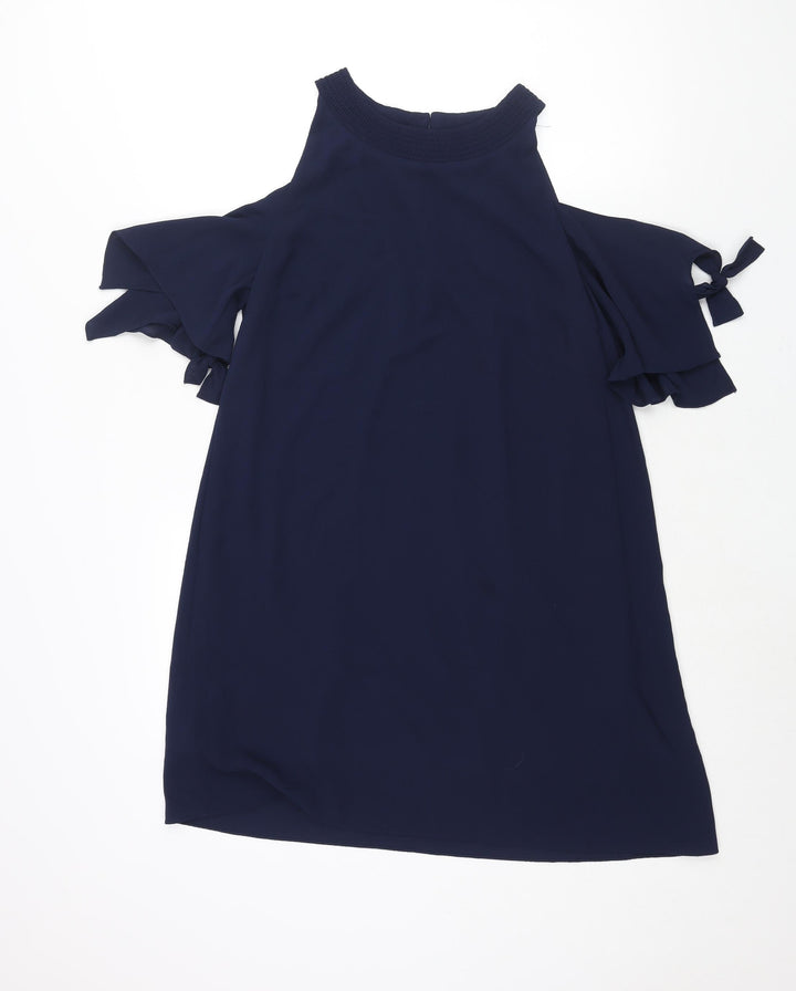 Zara Womens Blue Polyester Shift Size M Round Neck Button - Cold Shoulder Tie