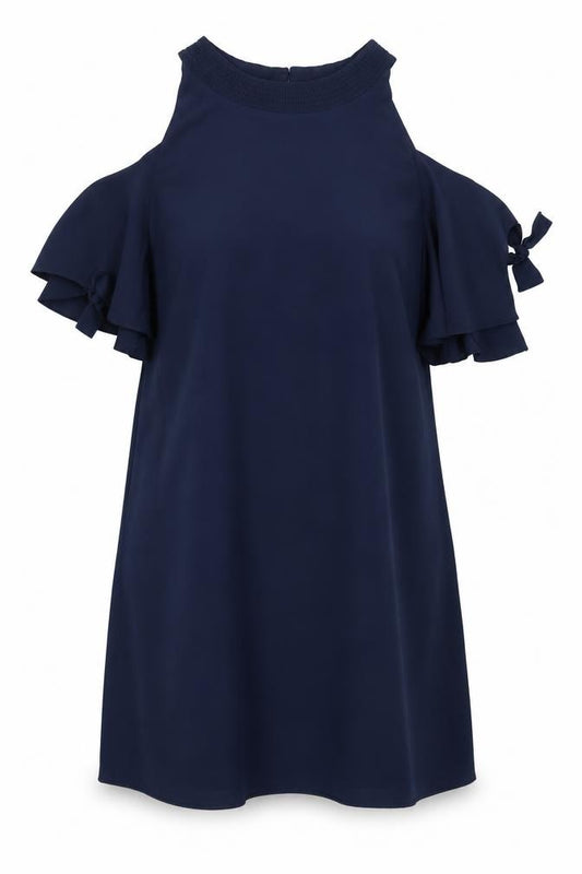 Front view of Zara women’s blue polyester shift, size M, round neck button - cold shoulder tie