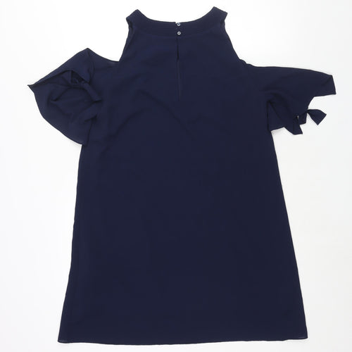 Zara Womens Blue Polyester Shift Size M Round Neck Button - Cold Shoulder Tie